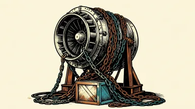 Honeywell Aerospace facing a securities fraud lawsuit over supplier concentration: a massive jet engine is precariously tethered to a single small crate by heavy chains.