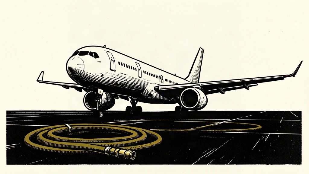 An editorial illustration of a grounded commercial airplane with a disconnected fuel hose lying on the tarmac, symbolizing flight cancellations due to fuel costs.