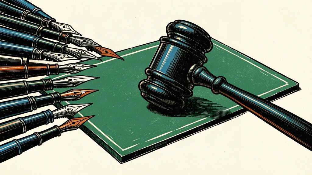 An editorial illustration showing a heavy gavel pinning down a green card while a group of pen nibs presses against it.