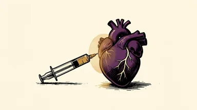 Novo Nordisk semaglutide cardiovascular protection: a medical syringe positioned near an intact human heart with a protective barrier.