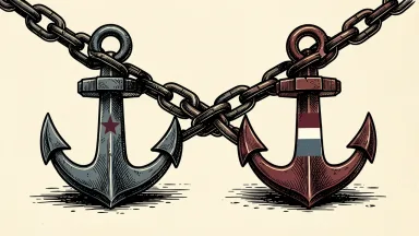 A heavy industrial chain connects two massive iron anchors, one with a star and one with stripes, representing the lasting ties between North Korea and Russia.