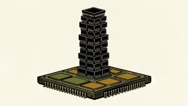 A tall column of memory chips rises from a single horizontal base chip, representing increased demand for AI hardware.