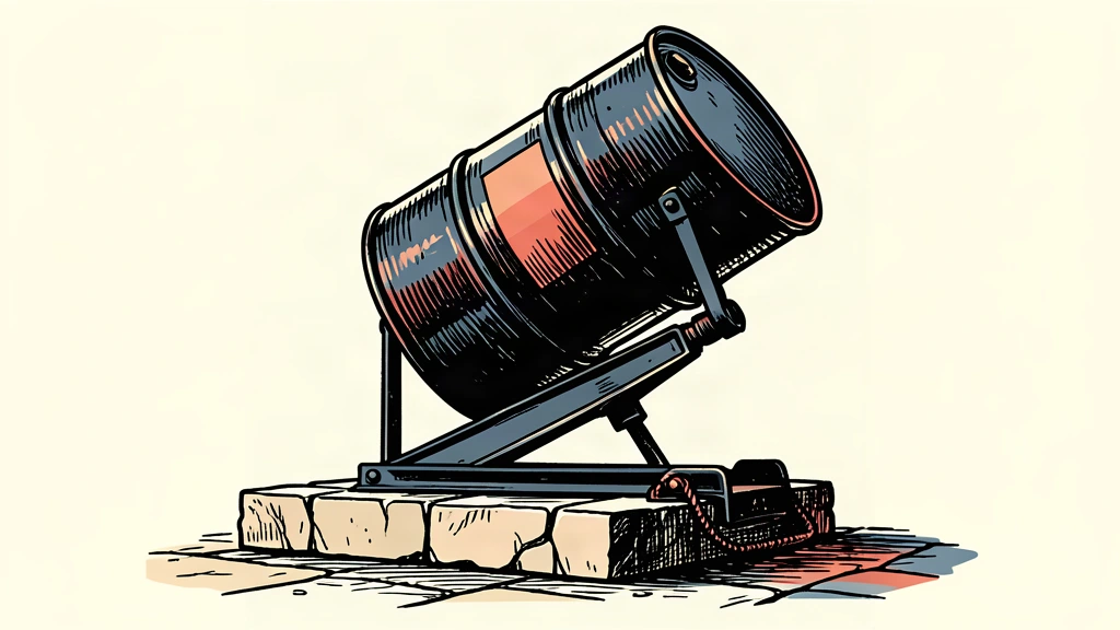 An industrial oil barrel on a stone platform being raised by a heavy mechanical jack.