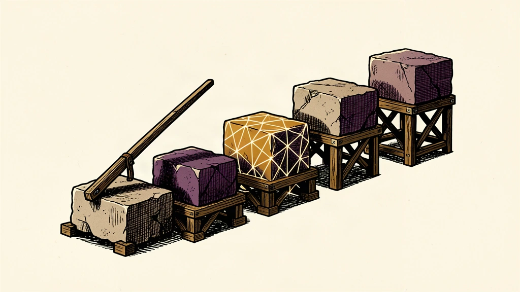 An editorial illustration showing productivity rising across multiple sectors, represented by a series of stone blocks being lifted by levers and frames, with only one block featuring a high-tech lattice.