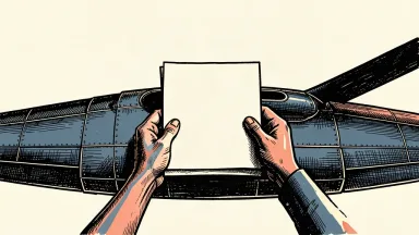 An editorial illustration showing two pairs of hands holding a contract document steady on top of a large airplane wing.