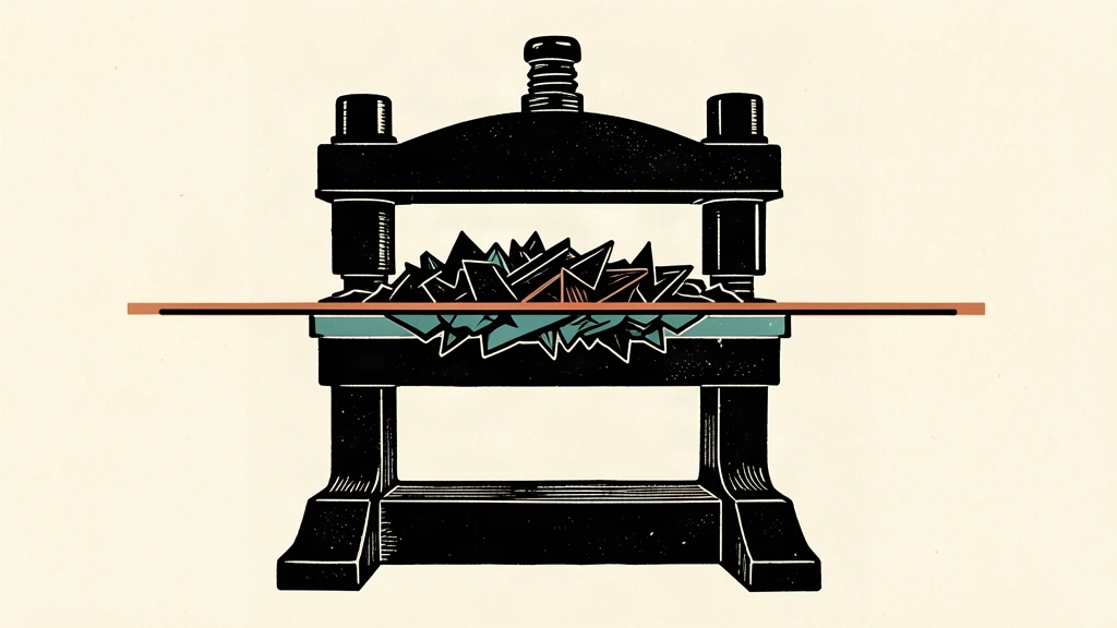 An editorial illustration of an industrial press flattening jagged peaks into a stable, straight line, representing the Fed's goal of price stability through productivity.
