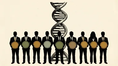 Immunome grants inducement awards to new hires: ten silhouettes stand before a large DNA helix, each holding a plain circular award disc.