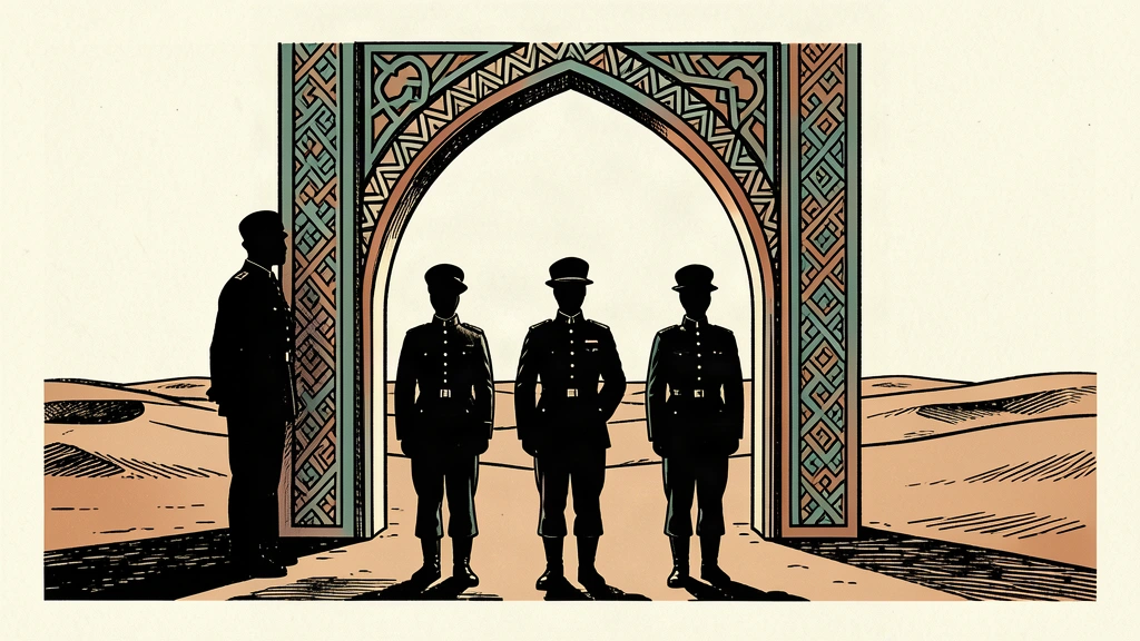 An editorial illustration showing three British military silhouettes standing before a large, patterned Middle Eastern archway.