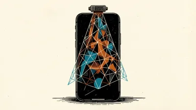Meta's threat to Apple's platform: a geometric digital mesh descends over a sleek smartphone to envelop it.
