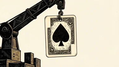 Boyd Gaming upgraded to Buy: a large casino playing card is lifted upward by a mechanical crane arm.