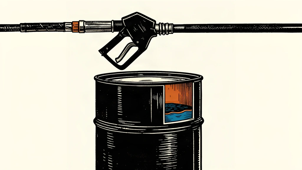 An editorial illustration showing a fuel nozzle constrained by a horizontal bar above an oil drum that diverts a portion of its contents into a separate basin, representing price caps and windfall taxes.