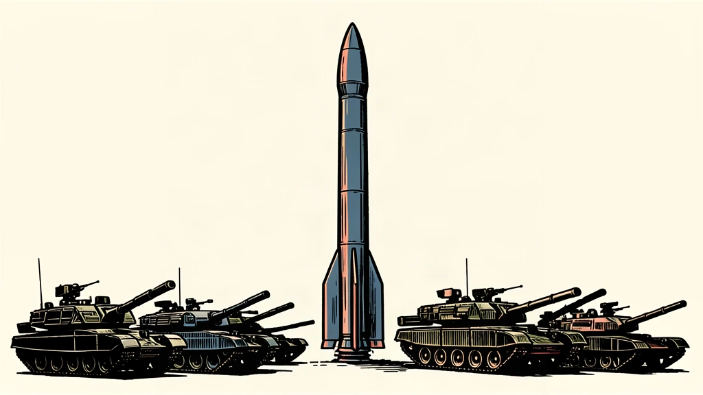 An editorial illustration showing a large central missile balanced against a group of smaller military vehicles to represent a reciprocal arms buildup.