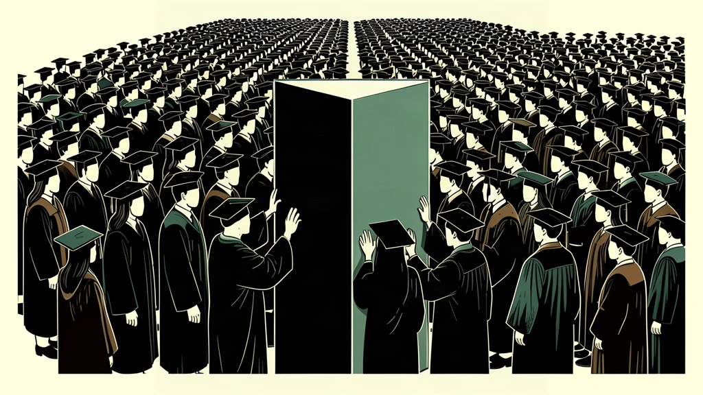 An editorial illustration showing a massive crowd of graduates in silhouettes being blocked by a large, blank vertical slab representing AI displacement.