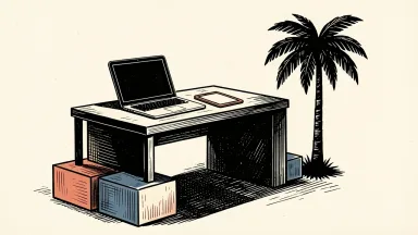Workday expands into the UAE: a modern office desk and laptop stand beside a stylized palm tree silhouette.