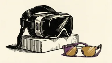 Apple Vision Pro future in doubt: a large headset sits dormant behind a pair of slim, displayless smart glasses.