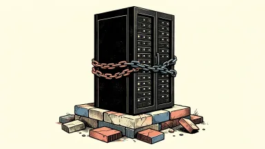 AI stock market sustainability: a tall server rack on a shifting stone foundation, bound by a heavy iron chain.
