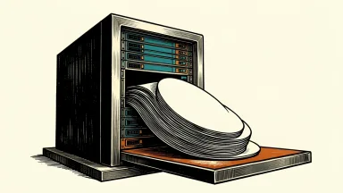Nvidia increases its share buyback program: a large industrial server rack dispenses a thick stack of blank circular discs from a side slot.