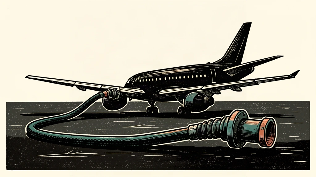 An editorial illustration showing a commercial airplane grounded on a tarmac with a large, disconnected fuel nozzle lying nearby, representing potential flight cancellations due to high fuel costs.