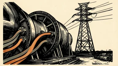 Constellation Energy increasing grid efficiency: a large power turbine connected by glowing cables to a transmission tower.