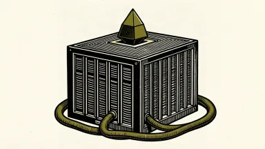 A large industrial server rack supporting a smaller geometric AI core, connected by a heavy cable.