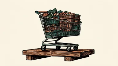 Village Super Market same-store sales growth: a grocery cart filled with crates is elevated on a sturdy wooden platform.