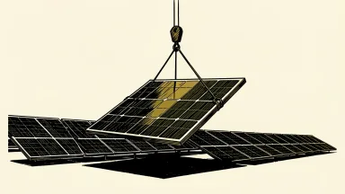 First Solar upgraded to Sector Weight: a solar panel being lifted by a crane hook to align with a stable row of panels.