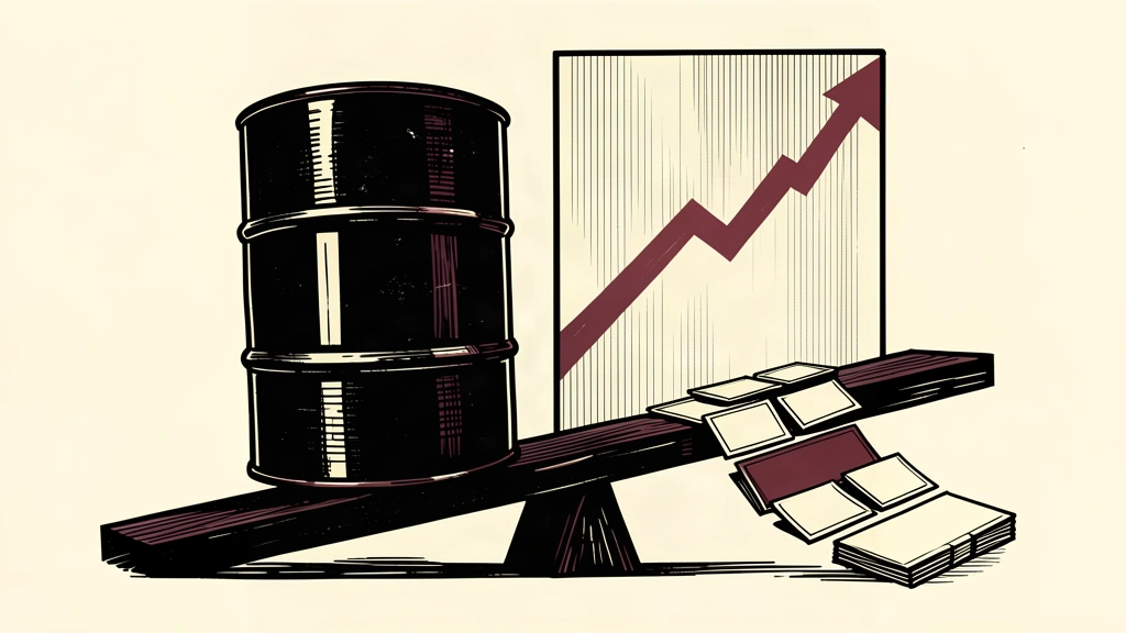An editorial illustration showing a heavy oil barrel and a rising bond yield line weighing down a scale, causing stock tiles to slip.
