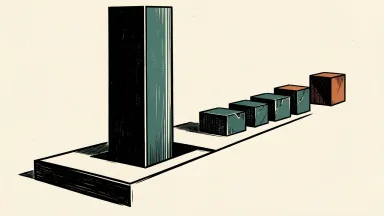 US Treasury yields falling: a heavy dark pillar descends into a recessed base next to a row of stone blocks.