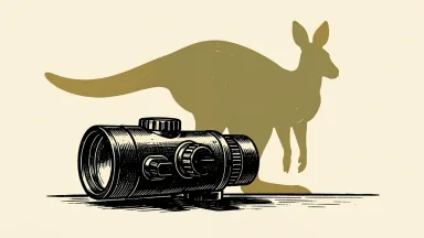 Leonardo DRS completes delivery of thermal sights to the Australian Army: a technical weapon sight sits before a stylized kangaroo silhouette.