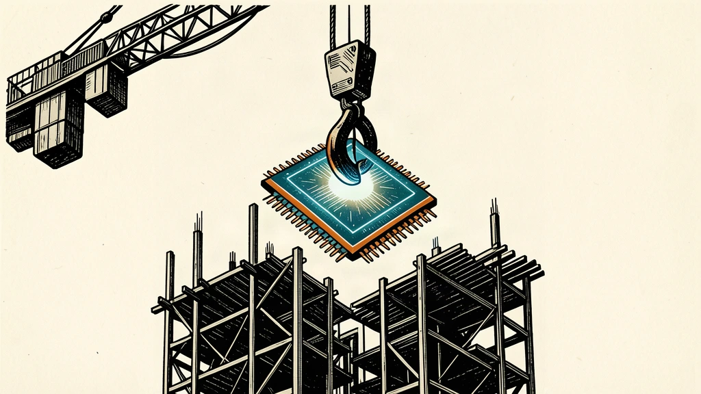 An editorial illustration showing a large construction crane lowering a glowing AI chip into the steel frame of a skyscraper.