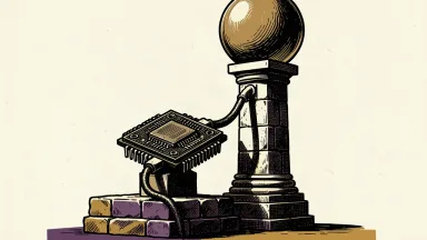 Synopsys stock upgrade and growth potential: a large computer chip on a pedestal connected to a rising stone pillar supporting a heavy sphere.