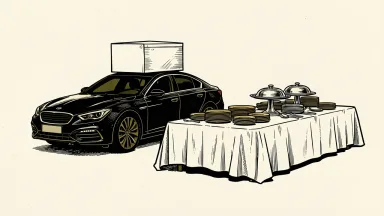 Uber acquires ezCater: a delivery vehicle towing a long, formal banquet table set with silver platters.