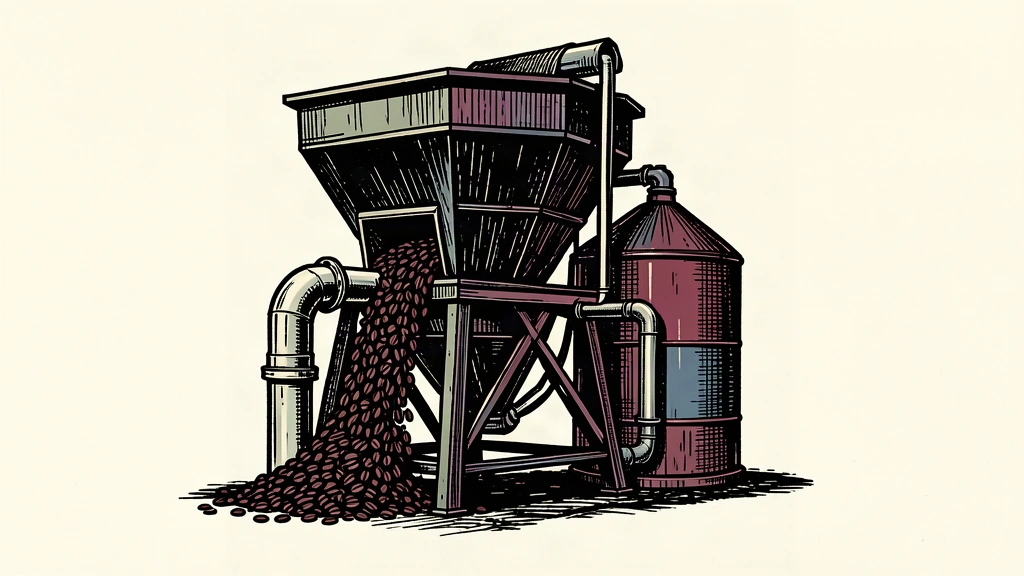 An editorial illustration showing the physical expansion of a coffee production facility with a new tank being added to a large hopper.