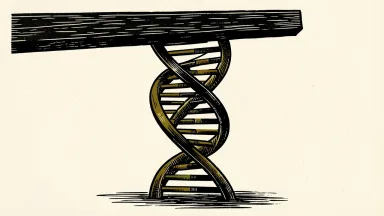 uniQure stock rating downgrade: a large DNA double helix being compressed by a heavy horizontal beam.
