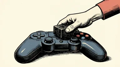 GameStop CEO Ryan Cohen buys stock: a pair of hands places a heavy block into a large video game controller to reinforce it.
