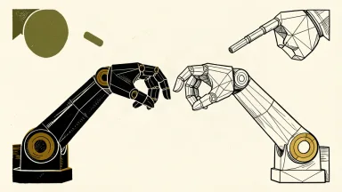 A solid robotic arm reaches toward its own digital wireframe twin in a minimalist black ink illustration.