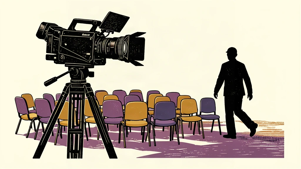 An editorial illustration of a broadcast camera facing empty chairs as a single silhouette walks away, representing job cuts at a media firm.