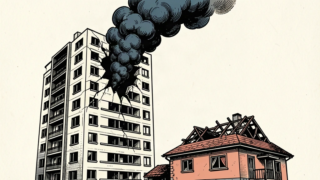 An editorial illustration of a damaged apartment building and house in Odesa following reported strikes.