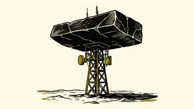 A telecommunications tower bowing under the weight of a massive stone slab.