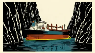 An oil tanker moving through a narrow, high-walled rocky strait, representing the risk of passage.