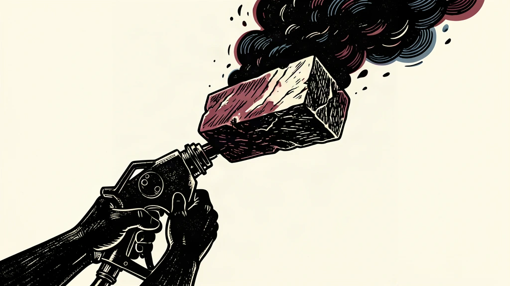 An editorial illustration of a fuel nozzle held by silhouetted hands, with a powerful upward surge of fuel lifting a heavy stone block, symbolizing the rising cost of gasoline and diesel.