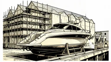 Robo.ai industrial park expansion: a marine security vessel sits in a dry-dock cradle before a factory building undergoing refurbishment.