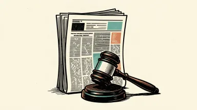 An editorial illustration showing a large newspaper being pinned down by a heavy legal gavel.