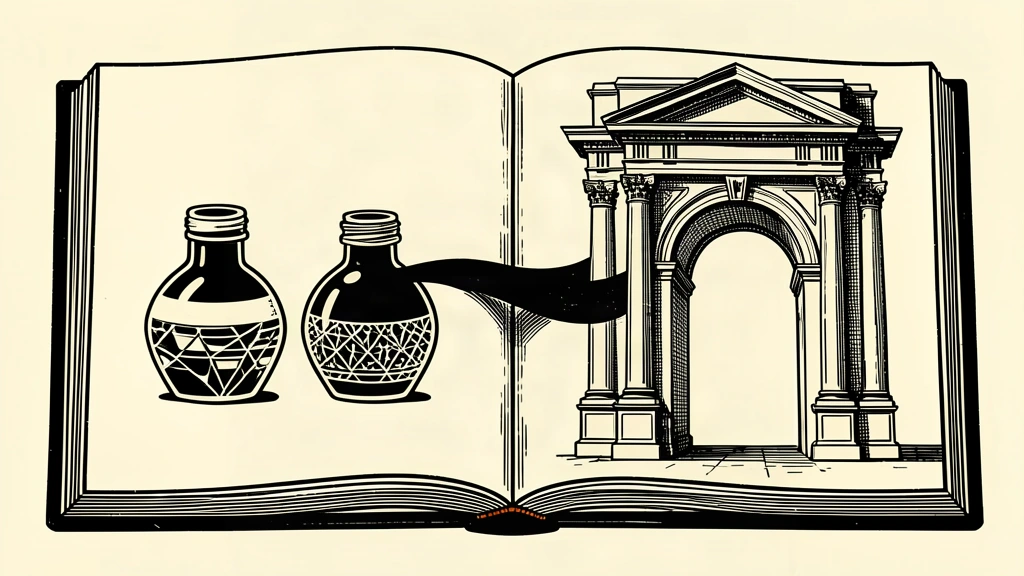 An editorial illustration of a large open book where two inkwells on one side are connected by a single ink path leading to a European-style archway on the opposite page.