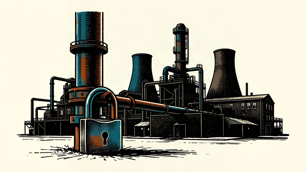 An editorial illustration of a large oil refinery with a giant padlock secured around a main fuel pipe, representing a shutdown.