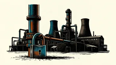 An editorial illustration of a large oil refinery with a giant padlock secured around a main fuel pipe, representing a shutdown.