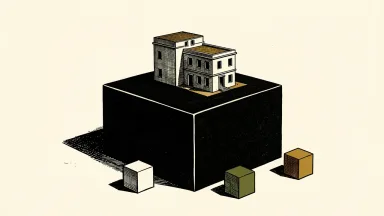 KKR acquiring Gen II: a large solid plinth supports a smaller architectural model as three smaller cubes are moved away.