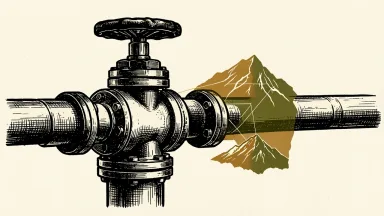 Russia and Iran discuss a gas agreement and Caucasus energy network integration, depicted by a pipeline connector with a mountain silhouette.
