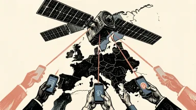 AST SpaceMobile expanding cellular broadband in Europe: a large satellite in orbit beams signals down to mobile phones held by people across the continent.