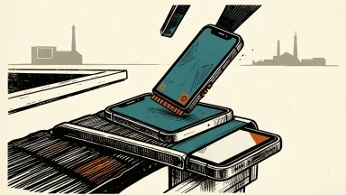 Apple iPhone 18 Pro production under pressure: a smartphone on a sagging conveyor belt as a heavy memory chip is lowered onto it.